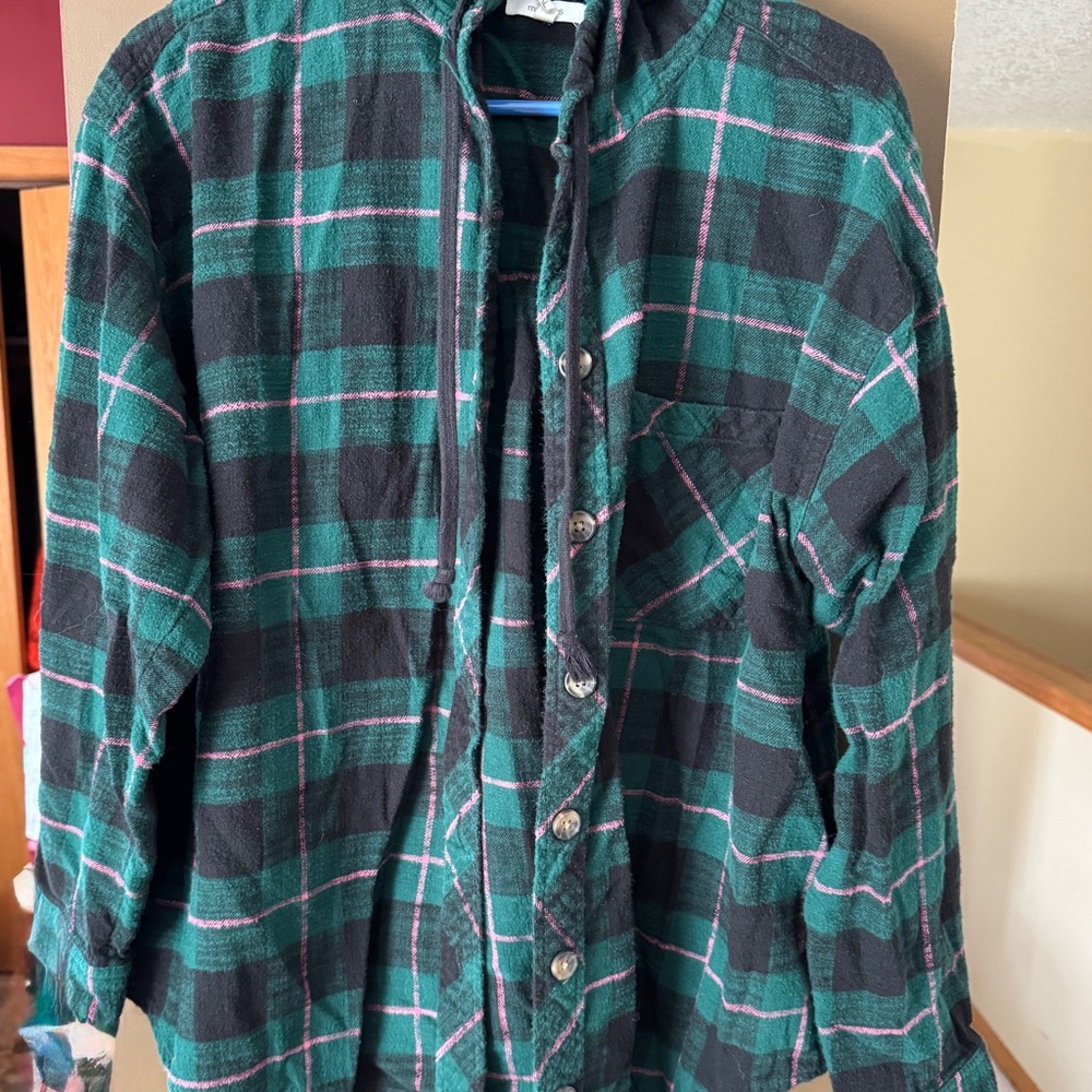 Green and Black Plaid Button-Up Shirt